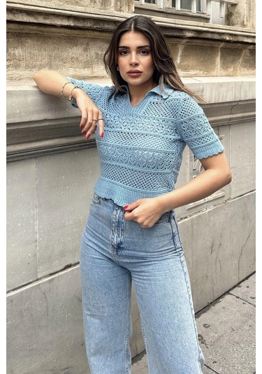 Kadın Mavi Ajurlu Merserize Triko Örme, Terletmez, Salaş Kalıp, Polo Yaka Bluz Mavi