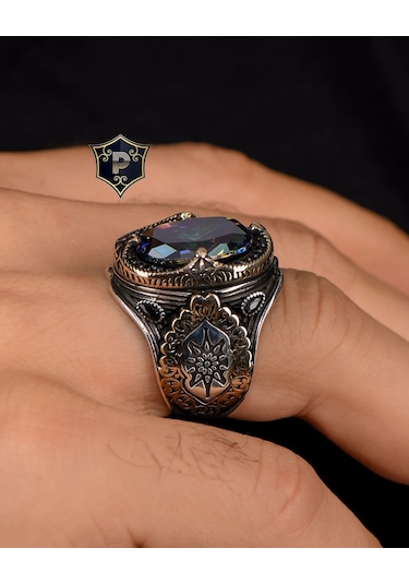 Prestij Gümüş 925 Ayar Gümüş Mistik Topaz Taşlı Zirkon Taş Süslemeli Erkek Yüzüğü