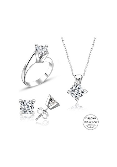 Sertifikalı Swarovski Taş Sarmaşık Tek Taş 925 Gümüş Set Takım