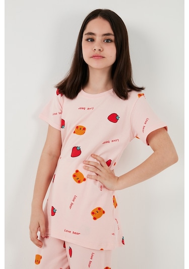 Lela % 100 Pamuk Bisiklet Yaka Kısa Kollu Kız Çocuk Pijama Takımı 6651002 Pembe