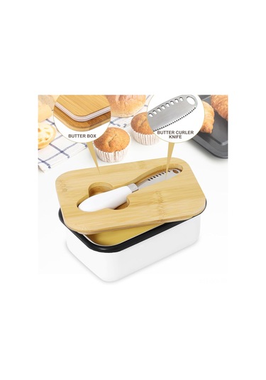 Aubyhe Güneşlenmiş Demir Ve Bambü Kapaklı Tereyağı Kutusu, Tereyağı Saklama, Taze Tutma, Kolay Yayılabilir, İki Stil Tereyağı Bıçağı İçeren Set Beyaz