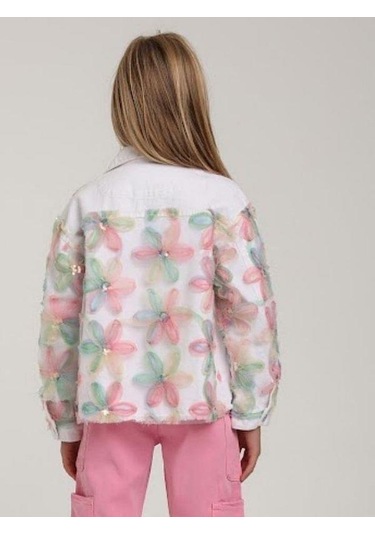 Kız Çocuk Tasarım Çiçekli Kot Ceket-15577 Beyaz