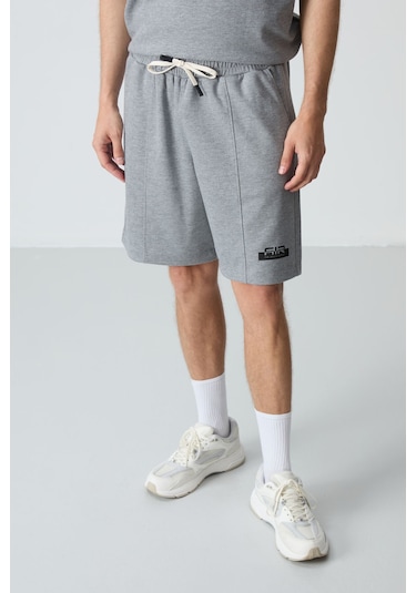 Gri Melanj Pamuklu Kalın Yumuşak Dokulu Oversize Fit Basic Erkek Şort Takım - 85259 GRİ MELANJ