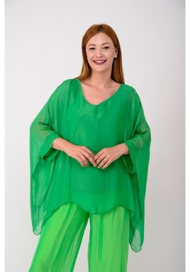 İtalyan Yarasa Kollu İpek Bluz Yeşil