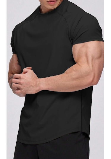 Ghassy Co. Erkek Running Sports Reglan Oval Kesim Penye T-shirt 001 Siyah