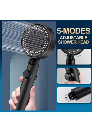 Gajeena Siyah 5 Modlu Basınçlı Duş Başlığı - Abs Plastik + Silikon Damlatıcı, Kolay Kurulum, Evrensel G1/2 Bağlantı Siyah