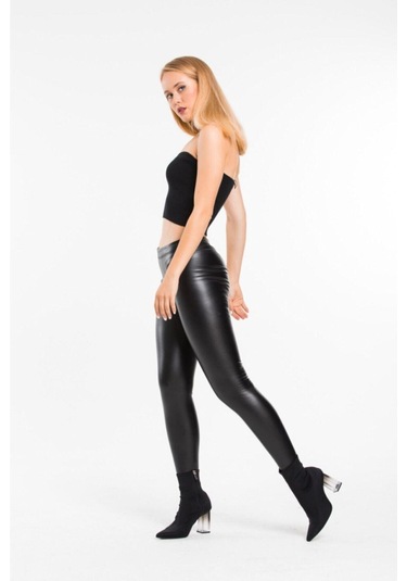 Içi Peluşlu Siyah Deri Tayt Yüksek Bel Korsajlı SiYAH