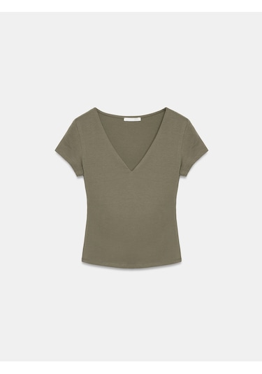 Dilvin 32840 V Yaka Basic T-shirt-haki
