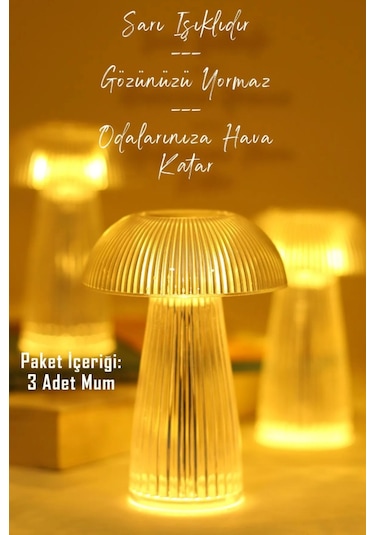 3 Adet Led Mum Kristal Tip Pil Dahil Dumansız Alev Ledli Yapay Dekoratif Mum Işığı Şeffaf Pt429 ŞEFFAF