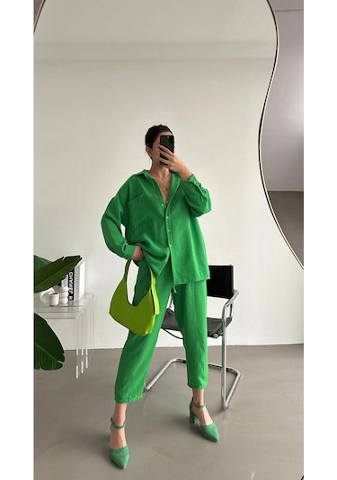 Kadın Oversize Keten Gömlek Pantolon Alt Üst Takım Yeşil