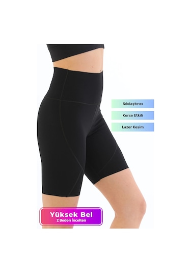 Özel Üretim Toparlayıcı Sıkılaştırıcı Vücut Şekillendirici Lazer Kesim Rahat Biker Kesim Kısa Tayt SiYAH