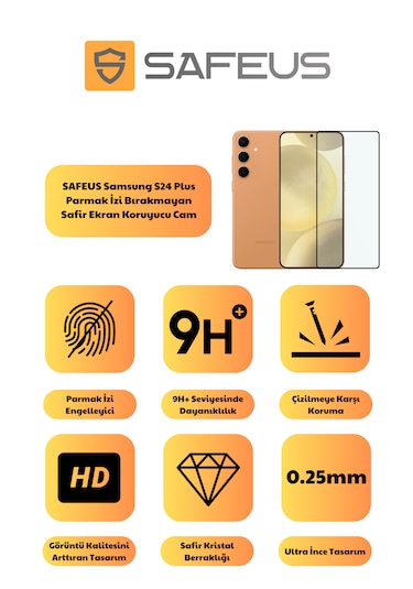 Safeus Tam Kaplayan Parmak İzi Bırakmayan Safir Ekran Koruyucu Cam , Samsung S24 Plus İle Uyumlu