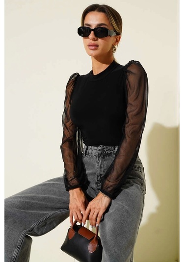 Biçomi Dik Yaka Tül Kollu Bluz Siyah T3066 Siyah