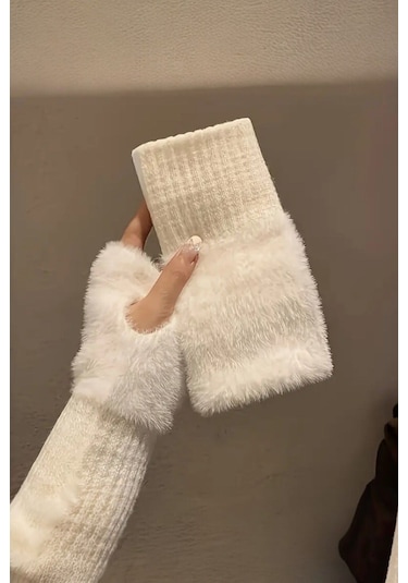 Kadın 1 Çift Kışlık Parmaksız Termal Esnek Polarlı Peluş Eldiven Beyaz