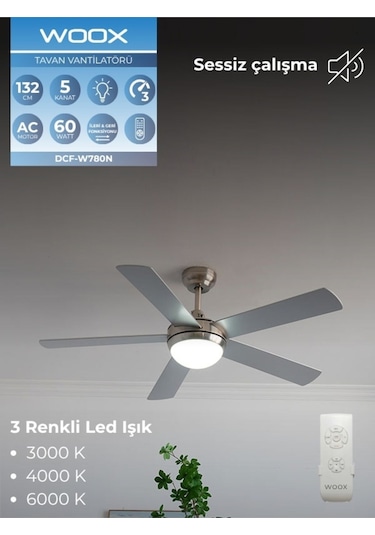 Woox İleri Geri Fonksiyonlu 5 Kanatlı Fan Ve Işıklı Uzaktan Kumandalı Tavan Vantilatörü Gri