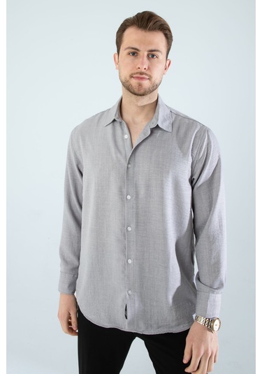 Rahat Kesim Keten Dokulu Gömlek Gri