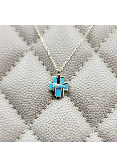 Çoklu Baget Enerji 925 Ayar Gümüş Kolye Firuze Taşlı Tasarım Baget Hediye 925 Ayar Gümüş Kolye 43 Cm