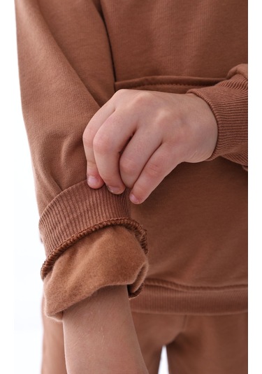 Zuzunga Basic Kapüşonlu Şardonlu Kanguru Cep Detaylı Çocuk Sweatshirt 3-10 Yaş Kahverengi