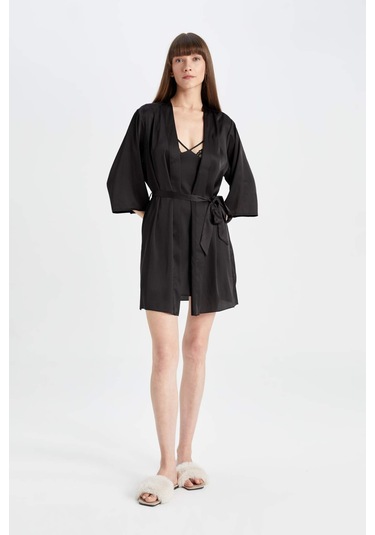 DeFacto Regular Fit Wrap Yaka Saten Yarım Kol Sabahlık-Fall in Love B8856AX24HSBK27 Siyah
