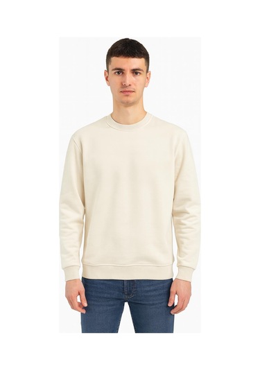 Erkek Oversize Uzun Kol Sıfır Yaka Sweatshırt-7383 krem