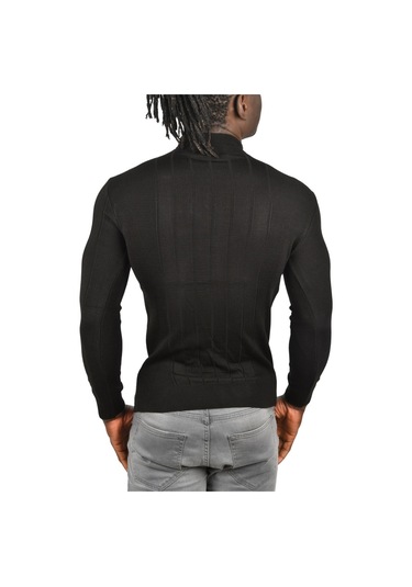 Deepsea Erkek Siyah Yarım Balıkçı Yaka Çizgili Tüylenmeyen Slim Fit Triko Kazak 2505491 Siyah