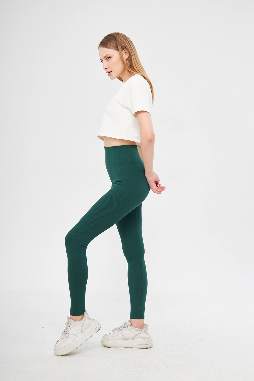 Bej Yüksek Bel Fitilli Toparlayıcı Interlok Örme Spor Dar Paça Kadın Tayt Zümrüt Yeşili