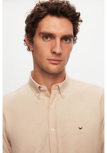 Ds Damat Slim Fit Ekru Oxford Düğmeli Yaka Kolay Ütülenebilir Nakış Detaylı Pamuklu Gömlek 4HC02ORT03265 Ekru