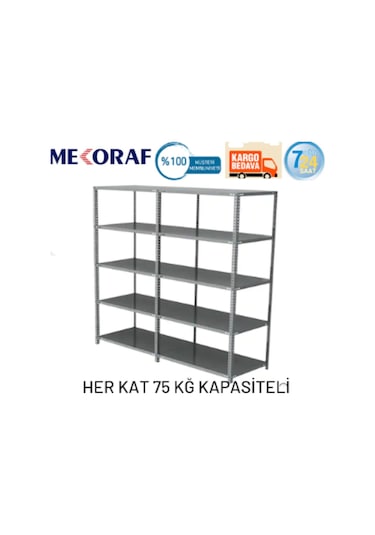 Mekoraf 43 X 93 2 Metre 5 Katlı 2 Ünite Raf Sistemi Gri