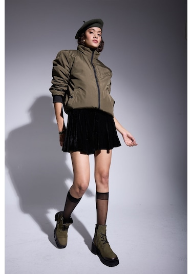 Freemen Kadın Haki Astarlı Dik Yaka Mevsimlik Su Ve Rüzgar Geçirmez Mont Haki