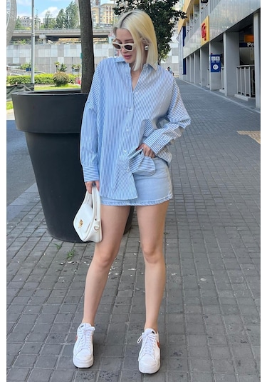 Madmext Mavi Çizgili Over Fit Gömlek Mg1525 Mavi