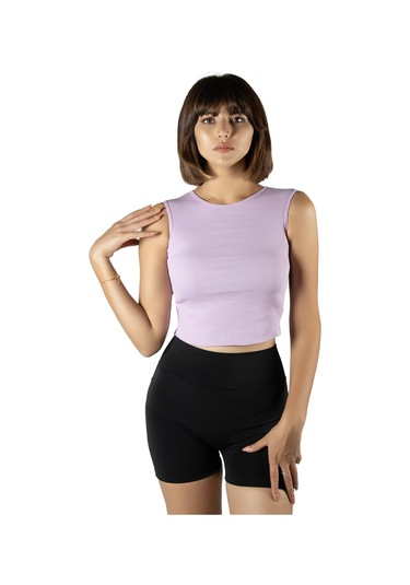 Lila Fitted/vücuda Oturan Crop Halter Yaka Fitilli Esnek Örme Bluz Atlet LILA
