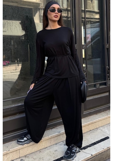 Madmext Siyah Likralı Modal Şalvar Takım Mg2784