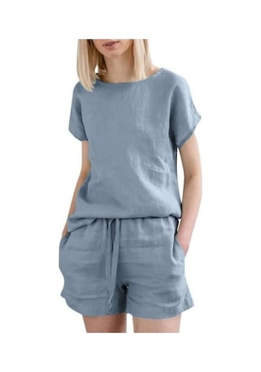 Novahub Kadın İki Parça Takım Pamuklu Keten Yazlık Eşleşen Salon Takımı Rahat Takım Açık Mavi - Xl Açık Mavi