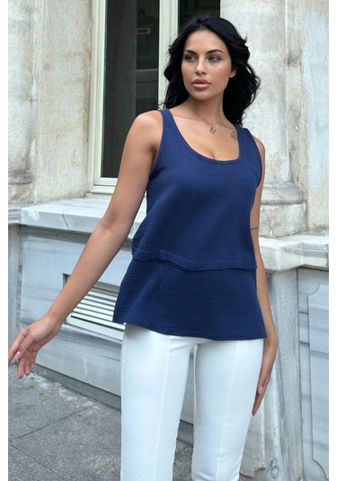 Lacivert Müslin Katlı Bluz Lacivert