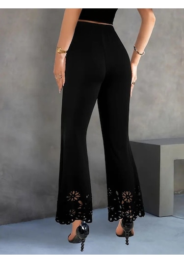 Munn Collection Kadın Yüksek Bel Paçaya Doğru Genişleyen Lazer Çiçek Kesim Detaylı Ithal Krep Pantolon Siyah