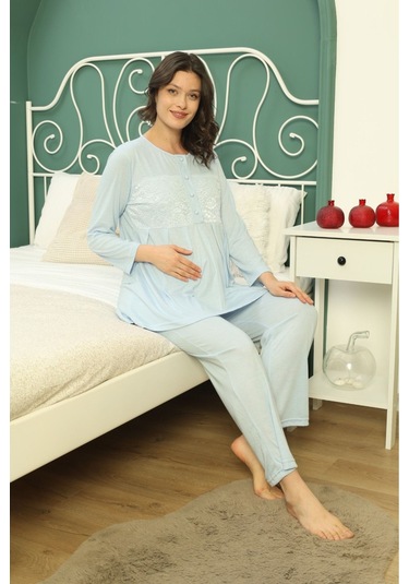 Göğüs Dantel Detaylı Kadın Hamile Pijama Takımı 1031 Mavi