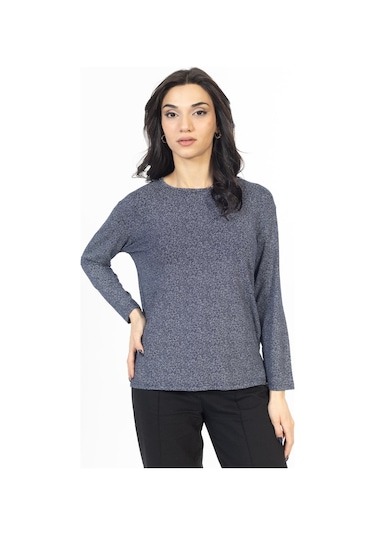 Yeni Sezon 2024 Desenli Yuvarlak Yaka Rahat Kalıp Likralı Anne Penye Bluz 6406-lacivert Lacivert