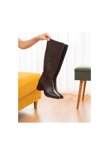 Mindy Kahverengi Deri Topuklu 5 Cm Topuklu Yanı Fermuarlı Günlük Kullanım Çizme Kahverengi