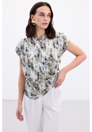 Sateen Pileli Kolsuz Bluz - İndigo-136862 İndigo
