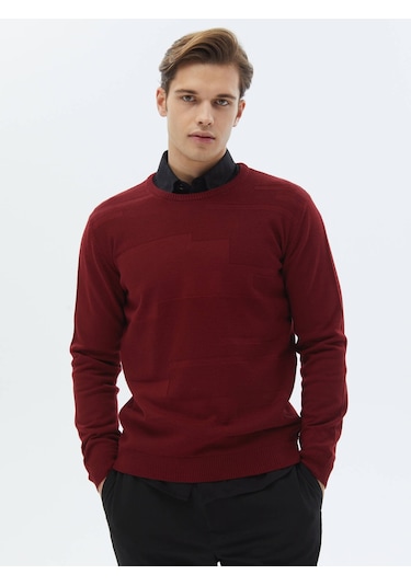 Kırmızı Bisiklet Yaka Jakarlı Yün Karışımlı Triko Kazak Kırmızı