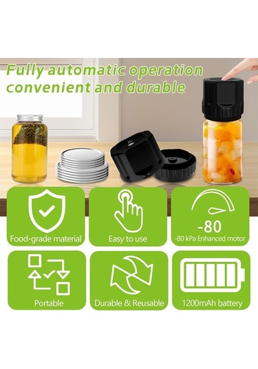 Pazly Kavanoz Vakum Makinesi 80kpa Siyah - Şarj Edilebilir, Kolay Kullanım, Gıda Saklama Siyah