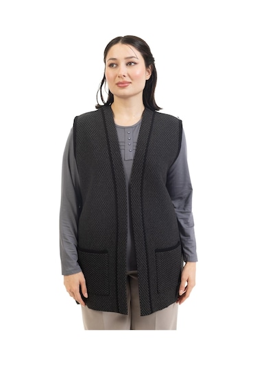 Kadın Orta Yaş Ve Üzeri Triko Örgü Minik Baklava Desen Düğmesiz Anne Yelek 332-siyah Çok Renkli