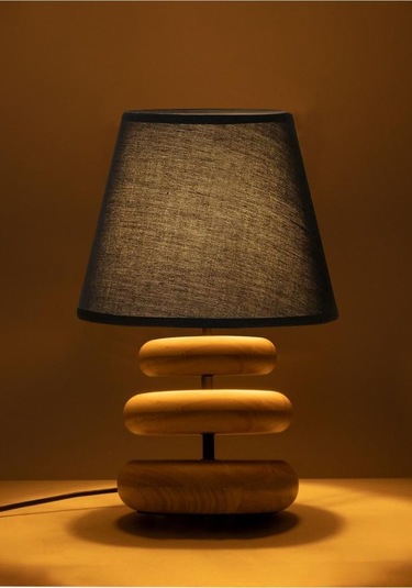 Afro Masif Ahşap Ayaklı Siyah Kumaş Şapkalı Dekoratif Abajur Siyah