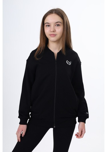 Toontoy Kız Çocuk Kolej Yaka Fermuarlı Cepli Düşük Omuz Baskılı Örme Hırka - 2 İplik Şardonlu Siyah