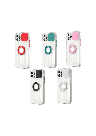 More Tr Ally İphone 12 Pro Max Kılıf Sürgülü Kamera Lens Korumalı Yüzük Standlı Silikon Kılıf Siyah