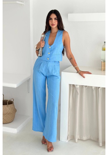 Çizgili Kumaş Yelek Takım Mavi Mavi