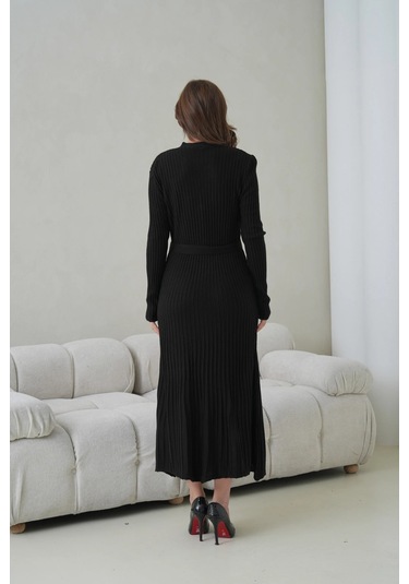 Kadın V Yaka Ful Düğme Kapama Kemer Detay Maksi Boy Fitilli Triko Elbise Siyah