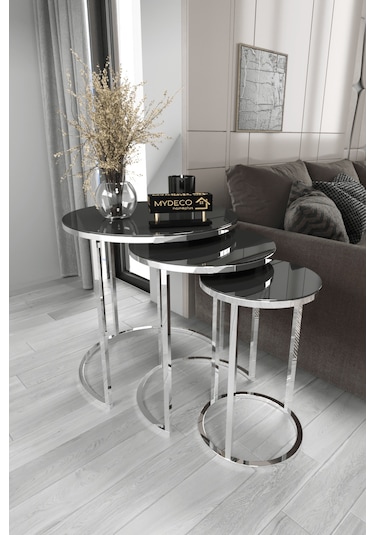 3'lü Zigon Sehpa Gümüş Ayak Füme Ayna