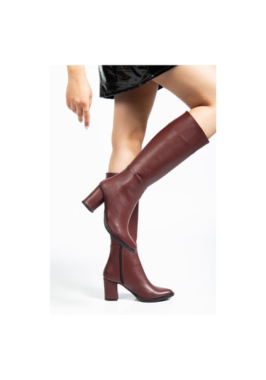 Ysn-4422 Bordo Cilt Topuklu Kadın Çizme Bordo