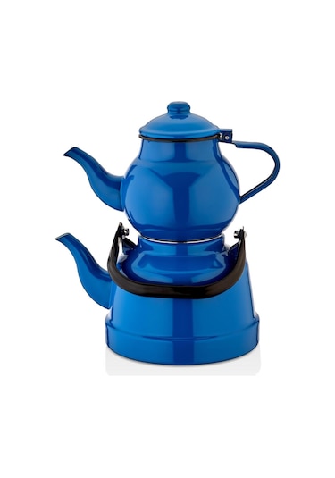 Ebru Metal Emaye Küçük Boy Mavi Çaydanlık Takımı 11/16